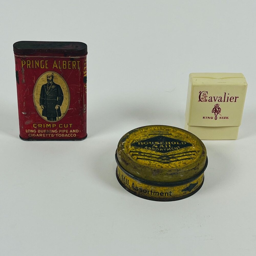 Vintage 3 Tins Prince Albert Tobacco Household Nails Cavalier Cigarette Holder
